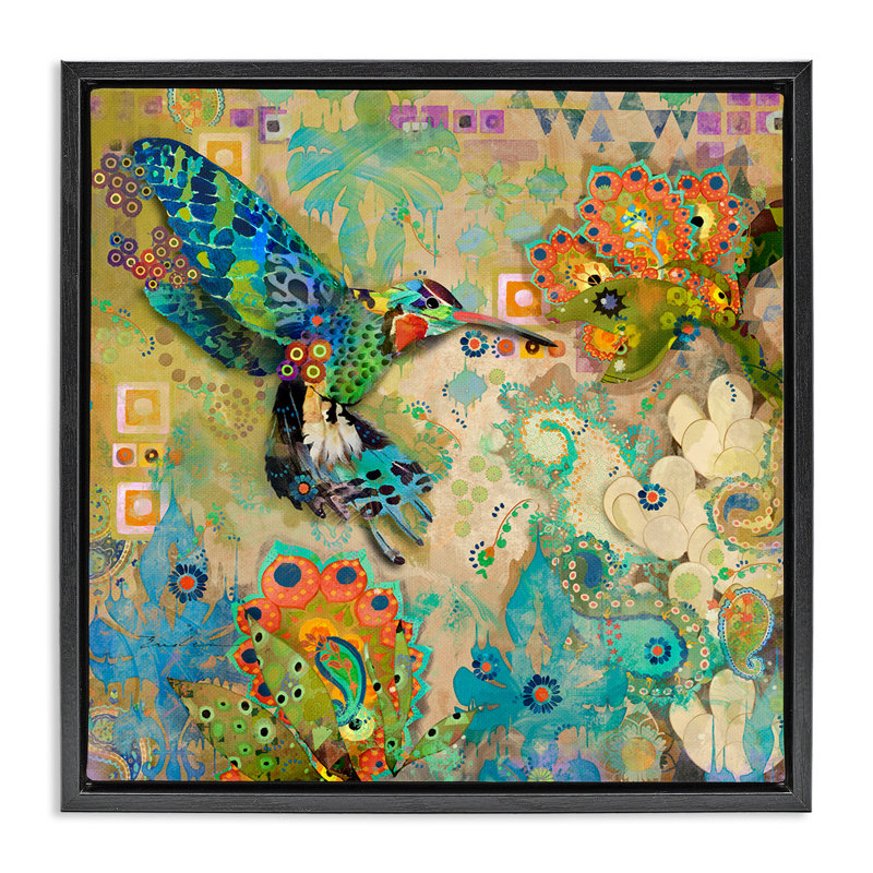Motif bohème colibri, H 18 po x l 18 po, Cadre flottant noir de jais