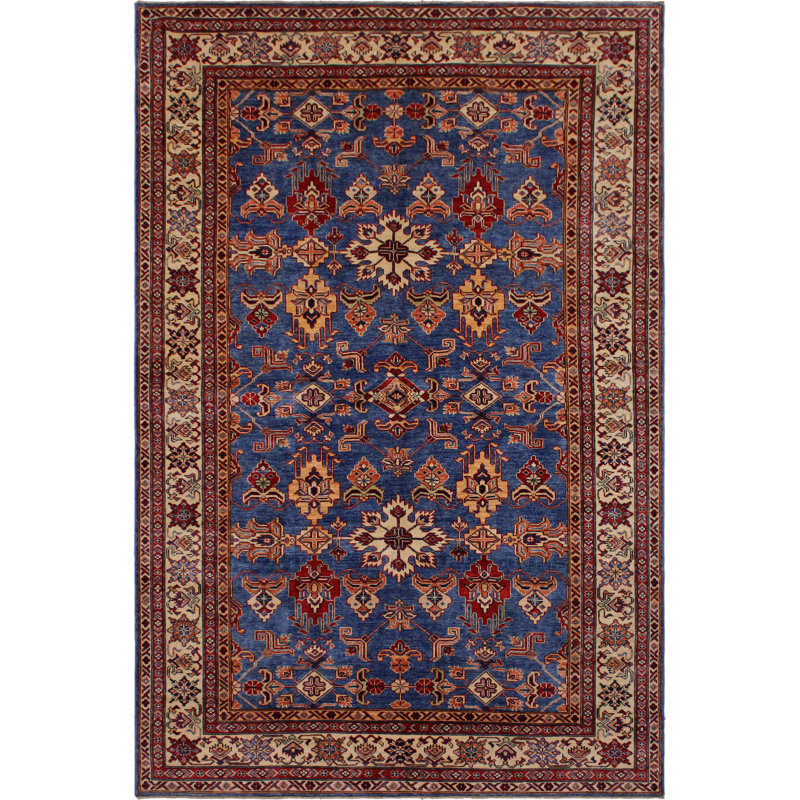 Tapis bleu clair / brun en laine noué à la main 6 pi 1 po x 9 pi 6 po Oakes