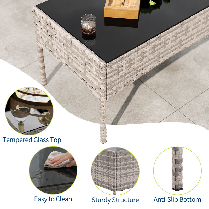 Required 4-Piece Outdoor Bar Set, PE Rattan Conversation Set with Cushioned Loveseat, Chairs & Glass Table, Gray, Gray