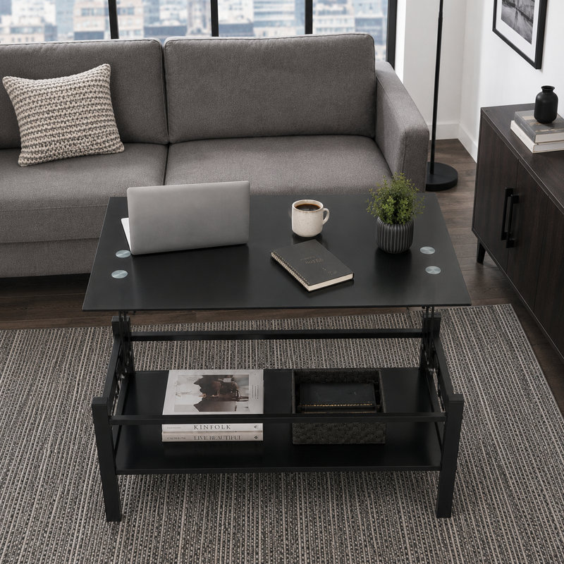 Table basse à plateau relevable en verre avec compartiment de rangement et tablettes ouvertes séparées, plateau de table relevable pour salon, bureau, noir
