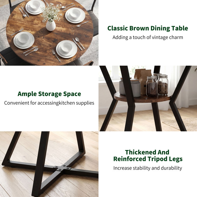 Round Dining Table Set for 4-Wood Round Kitchen Table with 4 Upholstered Chairs, Brown Wood Grain Top & Black Steel Frame, Round Dinner Table for Small Space