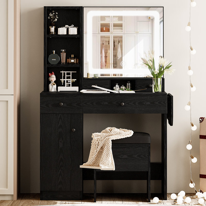 Jakaylen Vanity Makeup Desk with LED Light and Charging Station, Dresser Table with 4 drawers, 4 open shelves for Bedroom, Checkroom