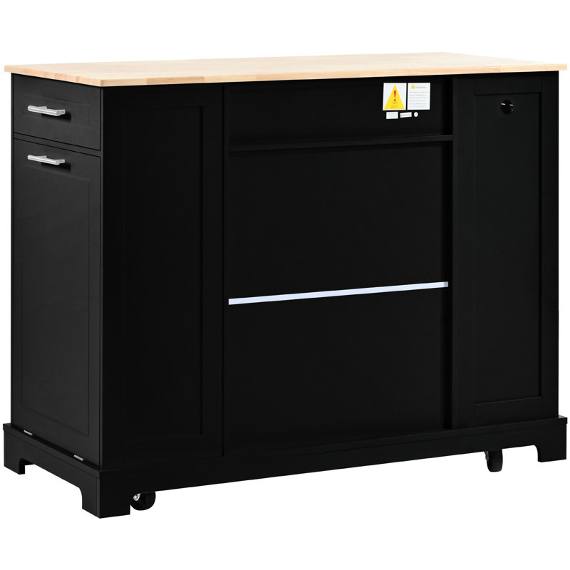 Îlot de cuisine classique avec poubelle cachée, bloc d'alimentation, 3 tiroirs, tablettes ouvertes, 5 tablettes, noir avec armoire de rangement, prise de courant, côté, mouvement,
