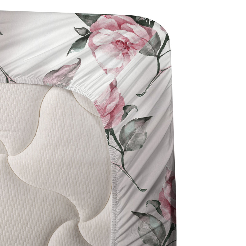 Ambesonne Watercolor Botany Sheet Set 4 Pcs Retro Boho Bloom, Pale Pink Laurel Dark Green Floral