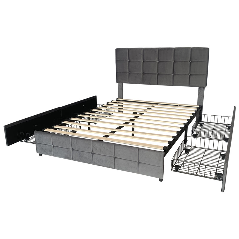 4ft6 Upholstered Bed With 4 Storage Drawers, Grey