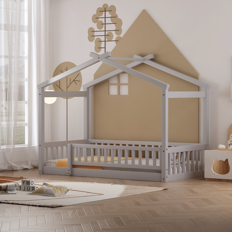 Cadre de lit en bois avec clôture, Gris, Lit simple
