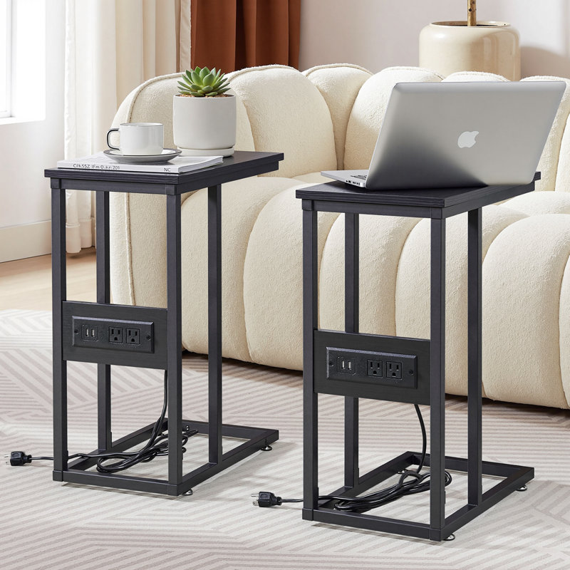 C End Table With USB And Built-In Outlets, Black Top/Black Base