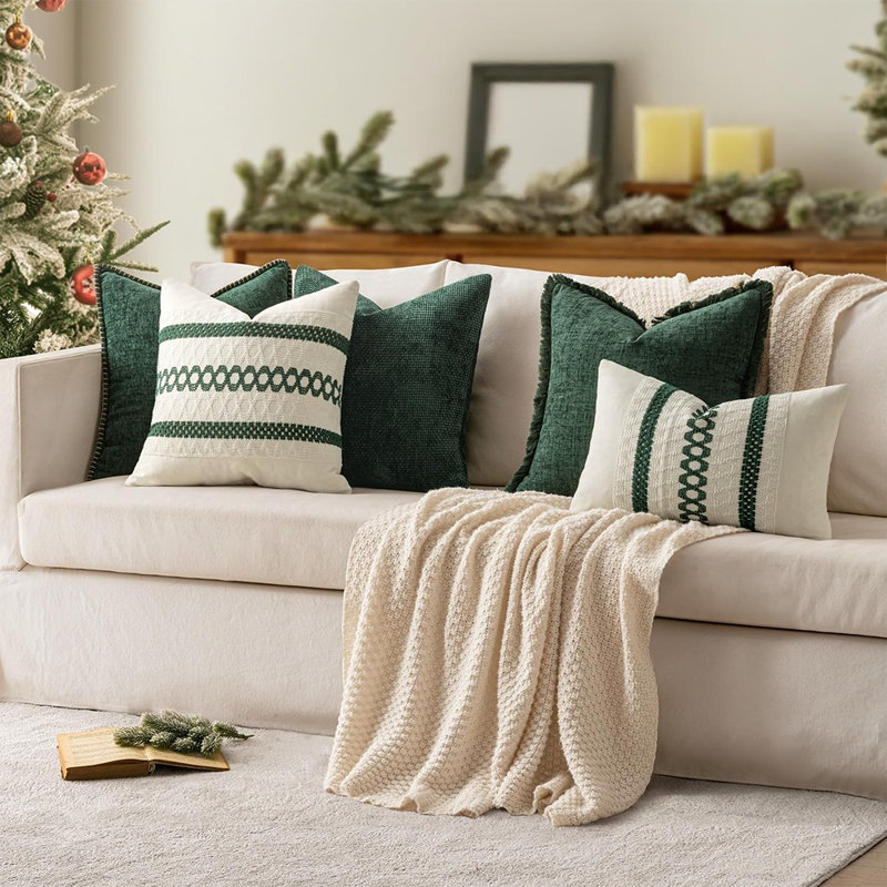 Housses de coussin lombaires en chenille de Noël vert foncé, taies décoratives douces et douillettes