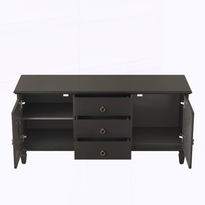 Farmhouse TV Stand with Hollow Carved Doors, Vintage Sideboard Buffet Storage Cabinet with 3 Drawers & Adjustable Shelves
