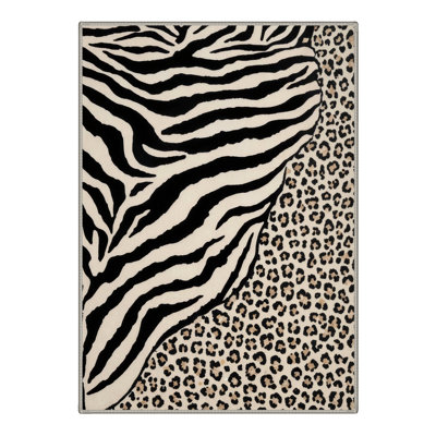 Mixed Zebra Leopard Animal Print Machine Washable Black Beige Area Rug, Non-Slip Rug for Living Roon Bedroom