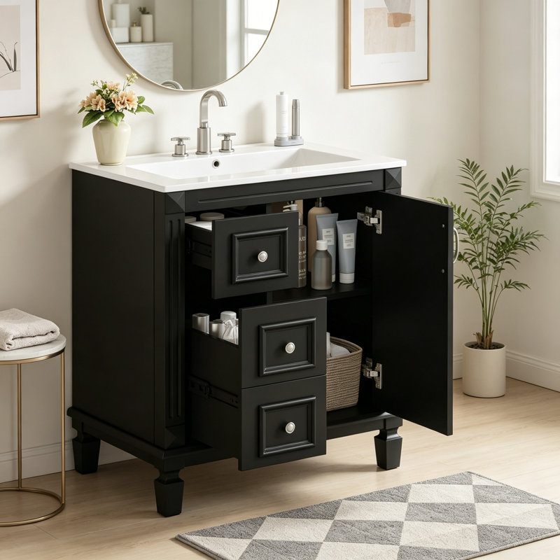 Meuble-lavabo avec lavabo, 2 tiroirs, poignées en métal et tablette réglable, Black