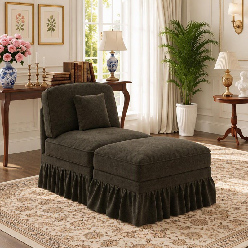 Canapé Windsor et 1 pouf avec jupes à volants et plis amovibles, 30.3, Brun