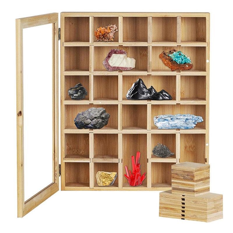 Boîte de présentation en bois à 30 grilles pour cristaux, pierres, minéraux, objets de collection réglables