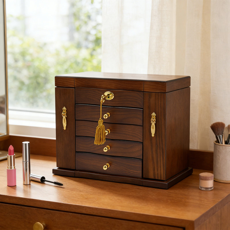 5 Layer Wooden Jewellery Box with Mirror and Combo Lock Vintage Style