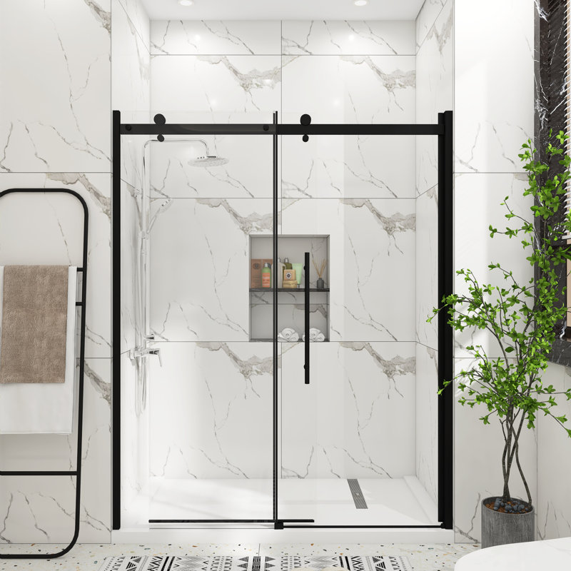 60 po L 72 po H porte de douche coulissante simple sans cadre en noir mat