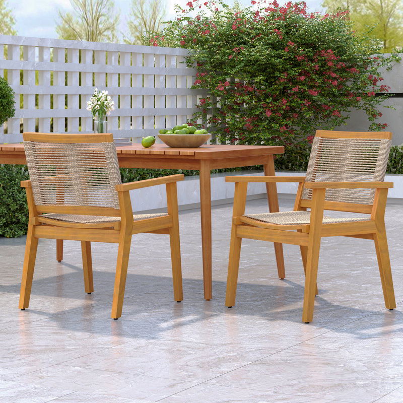 Set Of 2 Outdoor Patio Dining Chair, Teak Finish Wood Frame And Mix Brown Rope, Natural Courtyard Style, 400Lbs Capacity
