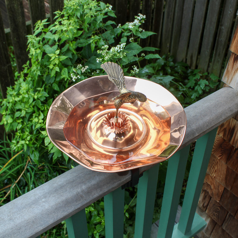 Copper Hummingbird Birdbath with Over Railing Bracket