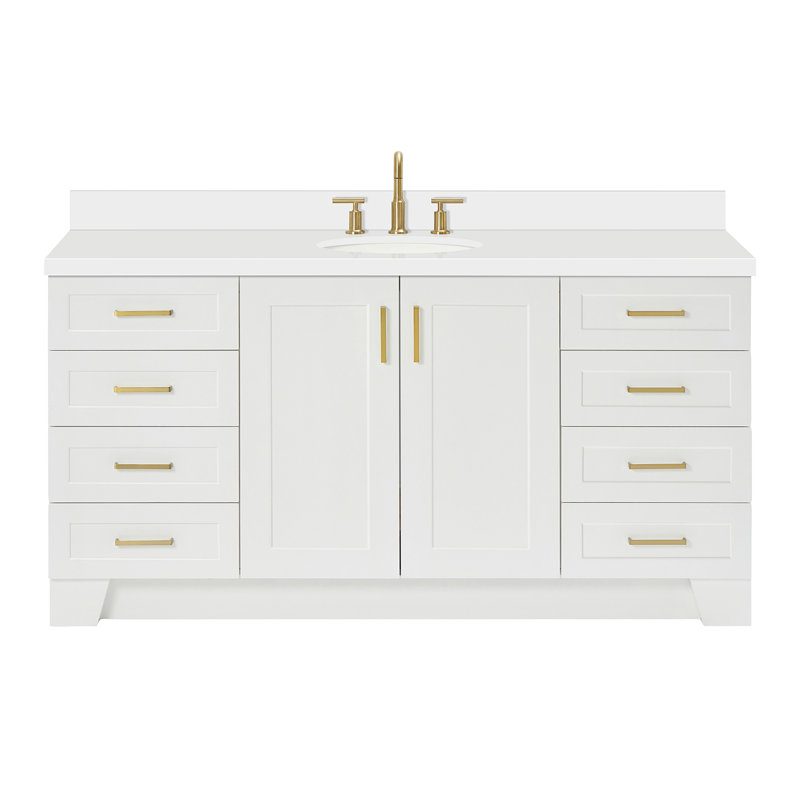 Frawley 66'' Solid Wood Single Bathroom Vanity with 1.5'', Sinks, White, White Quartz, Oval  