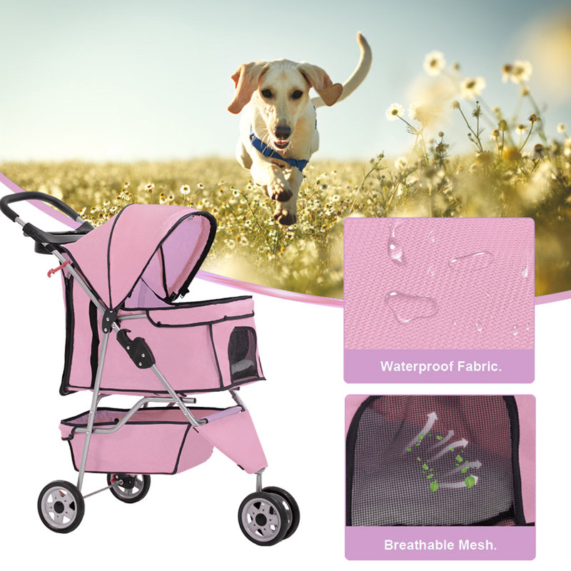 Pink 3-Wheel Folding Pet Stroller for Dogs and Cats