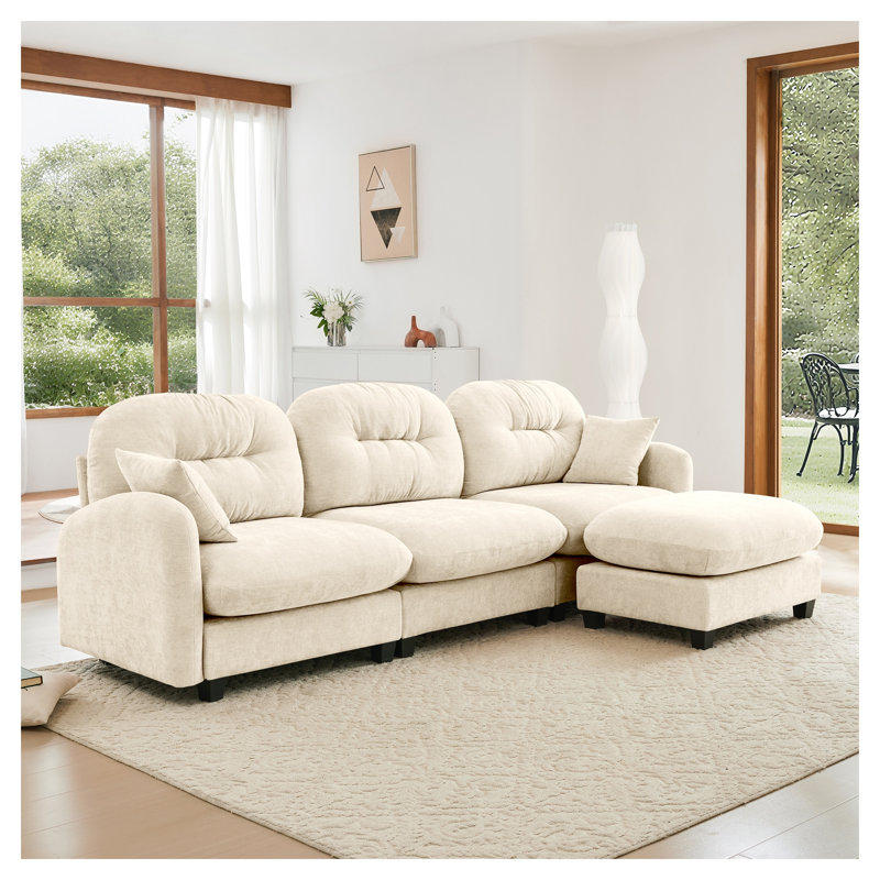 Canapé modulaire en L avec repose-pieds et canapé capitonné Chenille, Chenille beige, H 36,6 po x l 107 po x P 34,2 po
