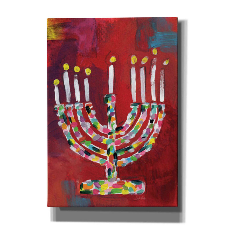 «Colorful Menorah» par Linda Woods, art mural sur toile, H 26 po x l 18 po