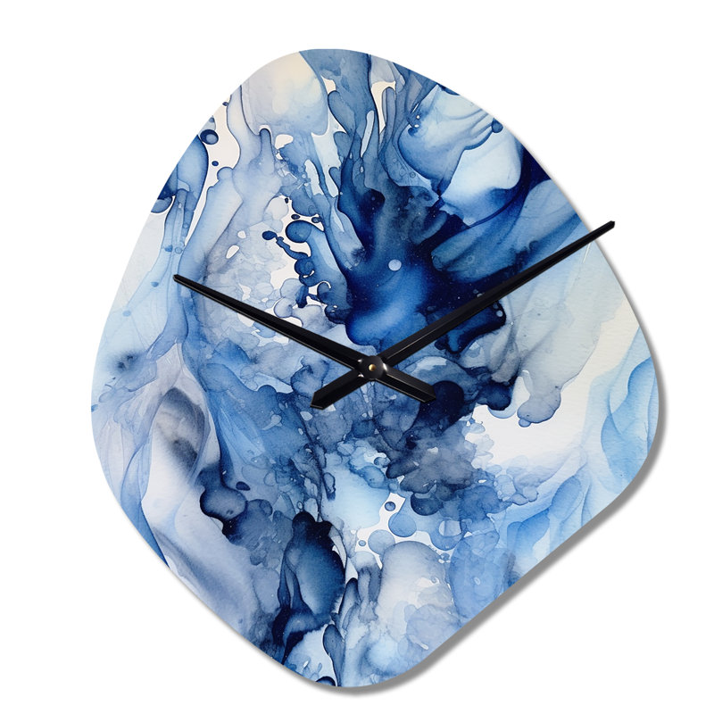 Abstract Classic Blue Waves V - Fractals Asymmetrical Metal Wall Clock, Blue Unique Shape Metal Clock Print, Small