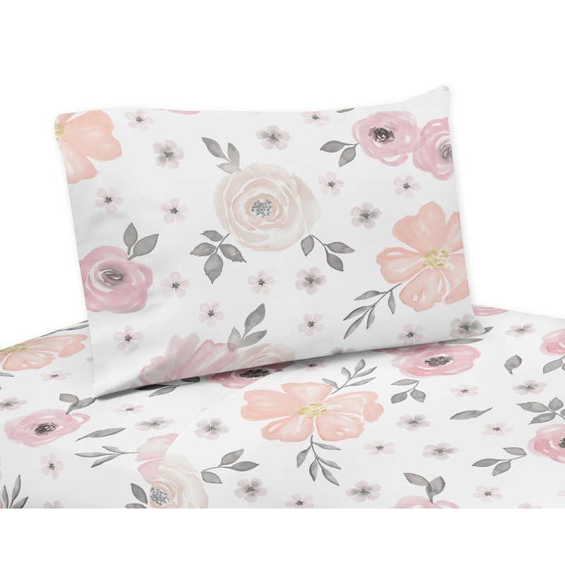 Blush Pink and Grey Floral Microfiber Queen Sheet Set