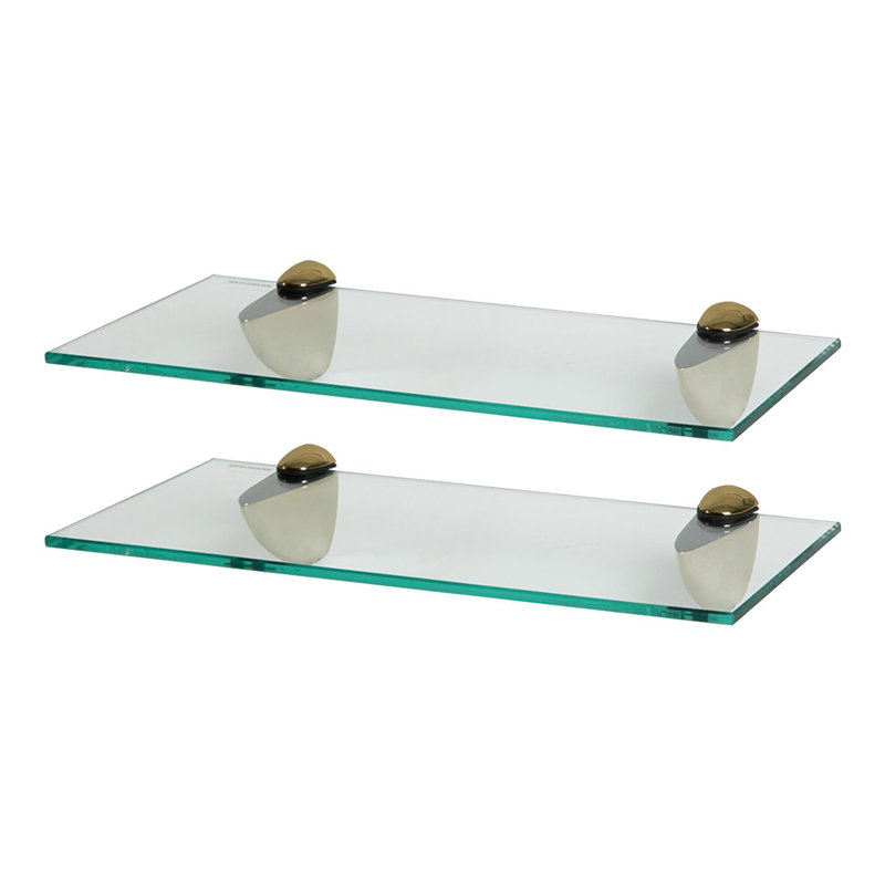 Harbour Housewares - Floating Glass Shelves with Metallic Brackets - Set of 2, Gold, 13 H x 40 W x 0.5 D cm