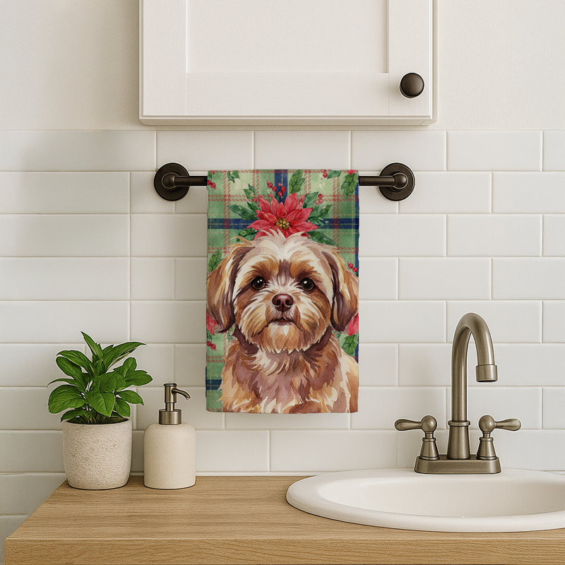 Liver Shih Tzu Christmas PoinsettIas Kitchen Towel, Liver Shih Tzu