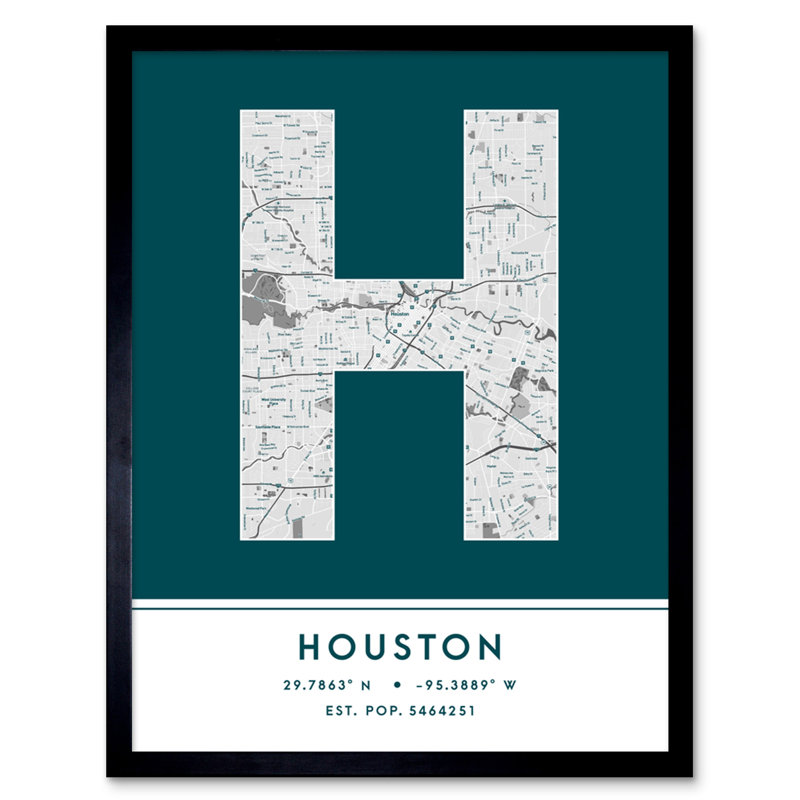Houston City Map Houston Teal - Single Picture Frame Typography