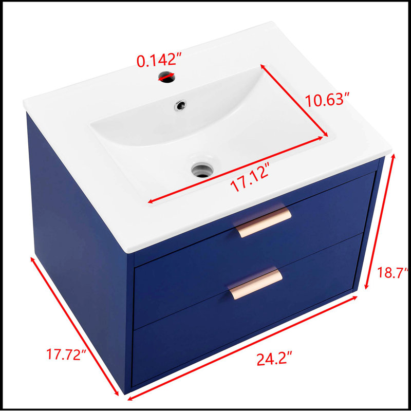 24" floating wall mounted bathroom vanity with white ceramic sink and drawer storage, Blue