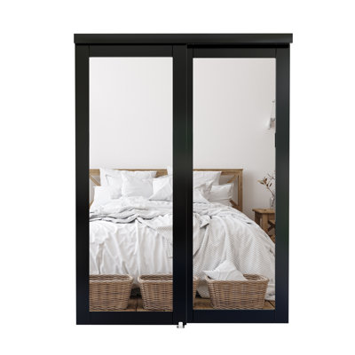 60"x80" Black Sliding Closet Door with Full Body Mirror Complete Hardware Kit Included, Assembled and Ready to Use