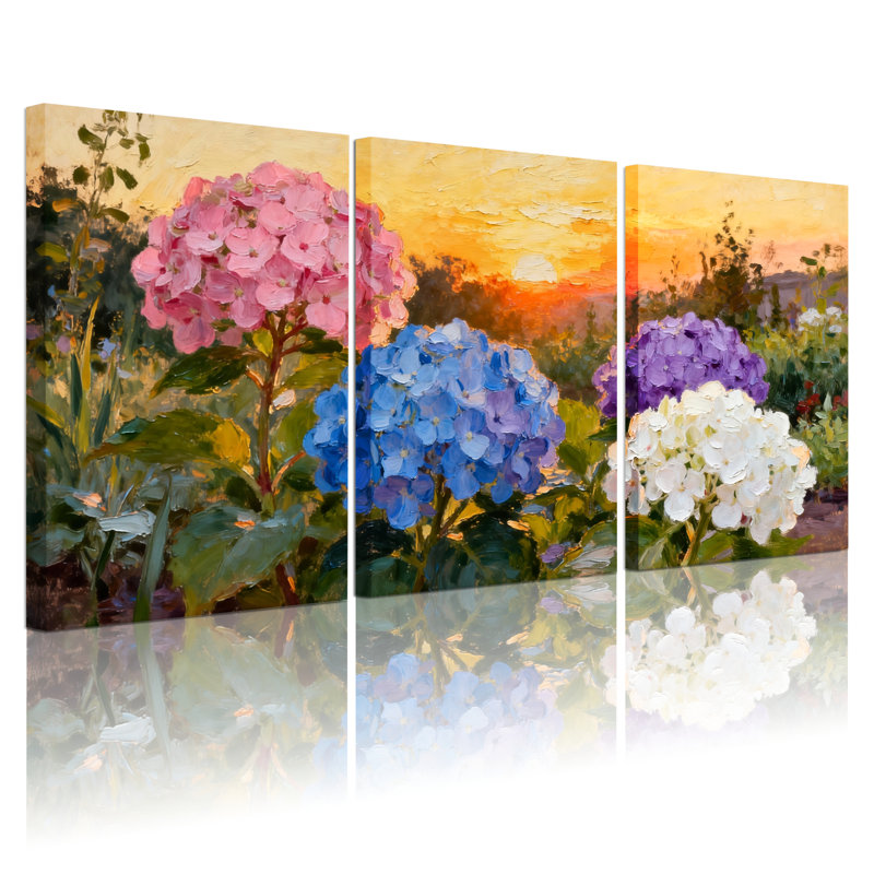 Ensemble de 3 tableaux sur toile tendue représentant un coucher de soleil sur des hortensias, H 36 po x l 72 po