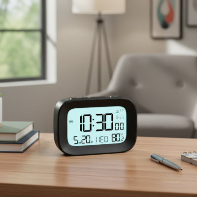 Black Multi-Purpose Digital Alarm Clock, 3-Inch Screen, 2 Alarms, 5-Second Backlight, Snooze, Indoor Temperature, Battery Powered