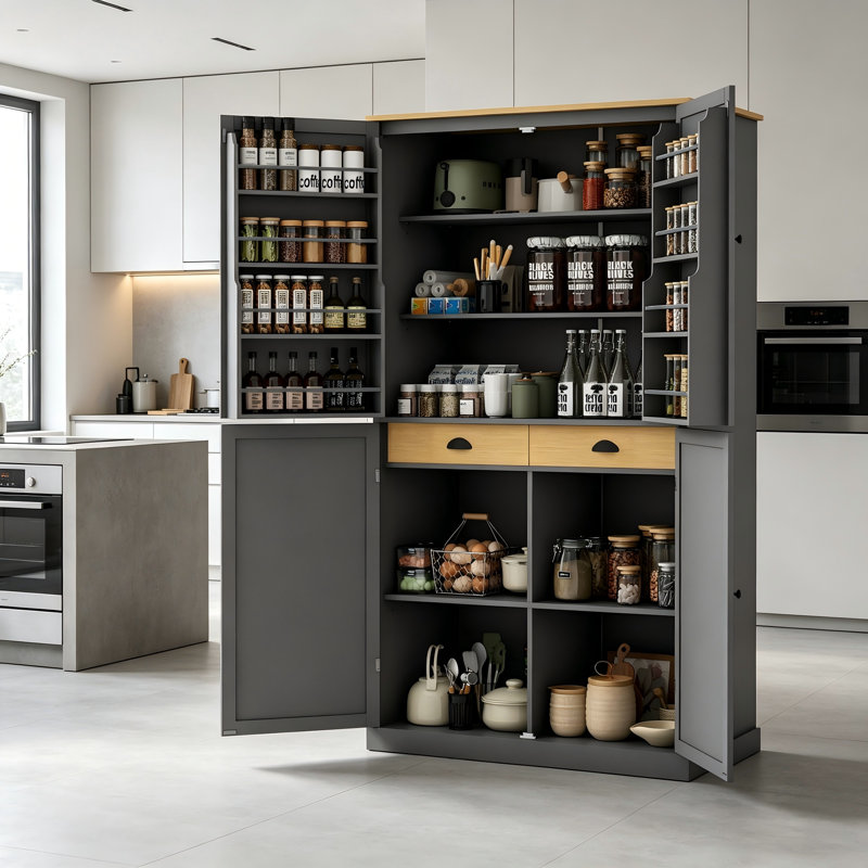 Grande armoire de cuisine autoportante grise, 40,2 x 20 x 71,3 pouces, 8 portes, 2 tiroirs, avec deux tablettes réglables.