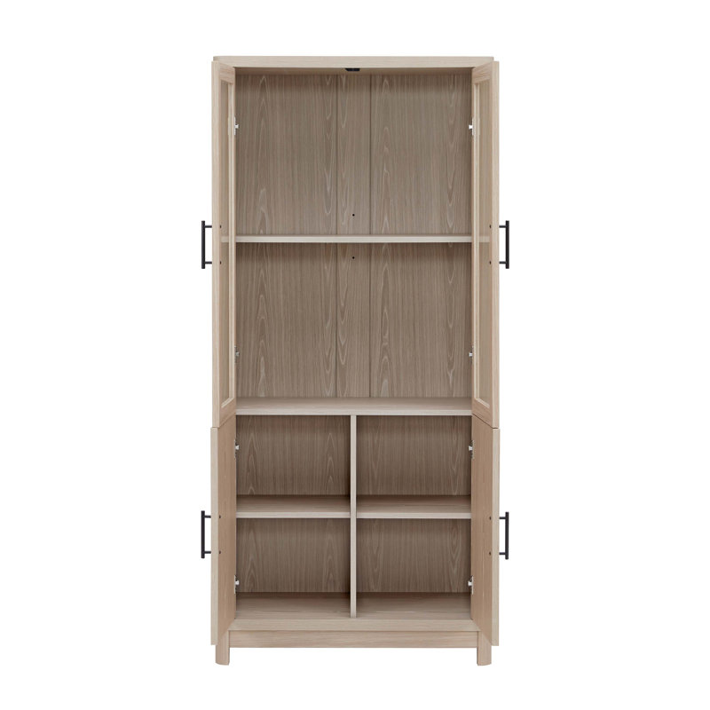 Bibliothèque de style Mid-Century à 6 tablettes avec portes en verre trempé en chêne blanchi H 67,6 "x l 31" Jodie