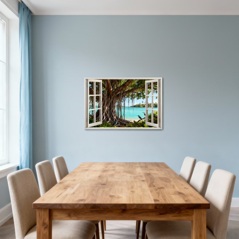 Paysage et nature, plage tropicale, oiseaux, vue de la fenêtre, H 12 po x l 18 po