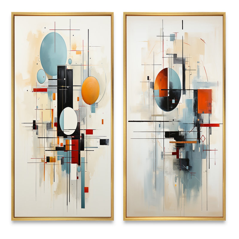 «Beige Blue Suprematism Geometric Explorations», 2 pièces, H 24 po x l 20 po, Encadrement doré