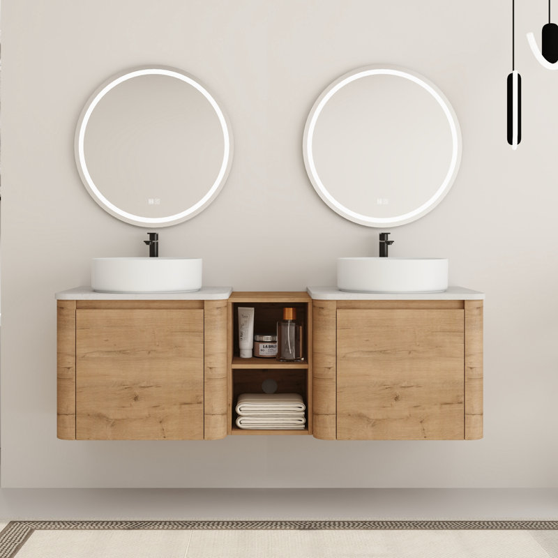Wall-Mounted Bathroom Vanity with Engineered Stone Top, 60", White