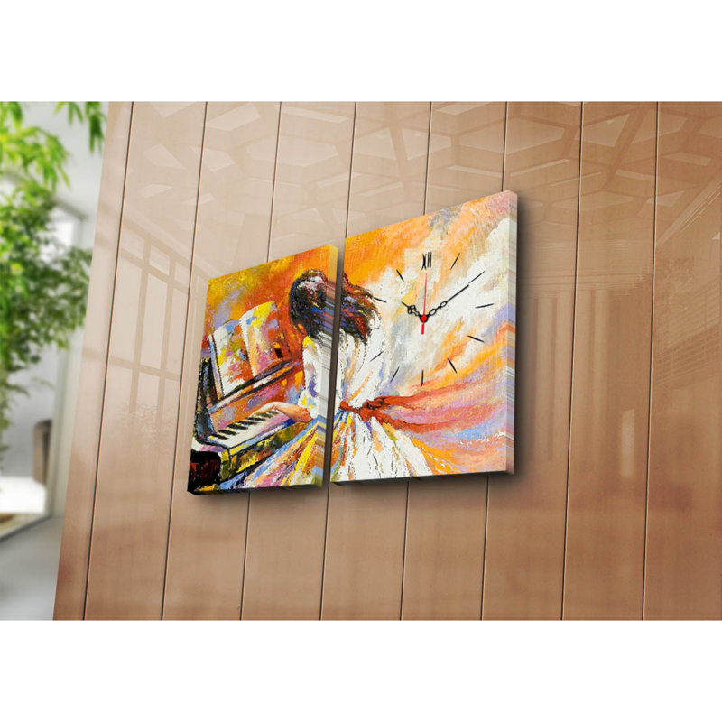 Horloge murale élégante en toile décorative (2 pièces), 25,2 po x 15,7 po | Toile 100% suède avec cadre 100% bois (épaisseur: 1,2 po) | Décoration élégante, parfaite pour les espaces de salon et de bureau, conception unique de garde-temps