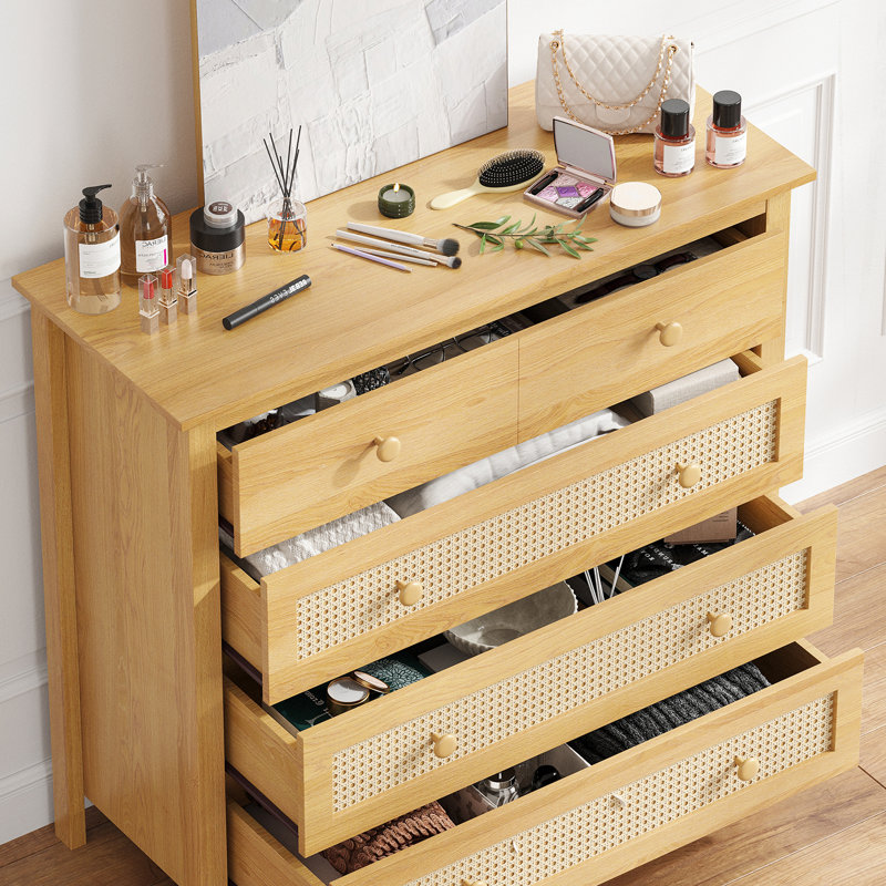 Modern Rattan Storage 4 Drawer Dresser, Nature