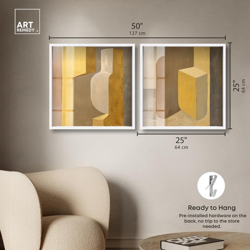 Columnar Forms Diptych Shadowbox Print Beige Wall Decor Set by Art Remedy, White Frame, 24 x 24, 25" H x 25" W, White Frame
