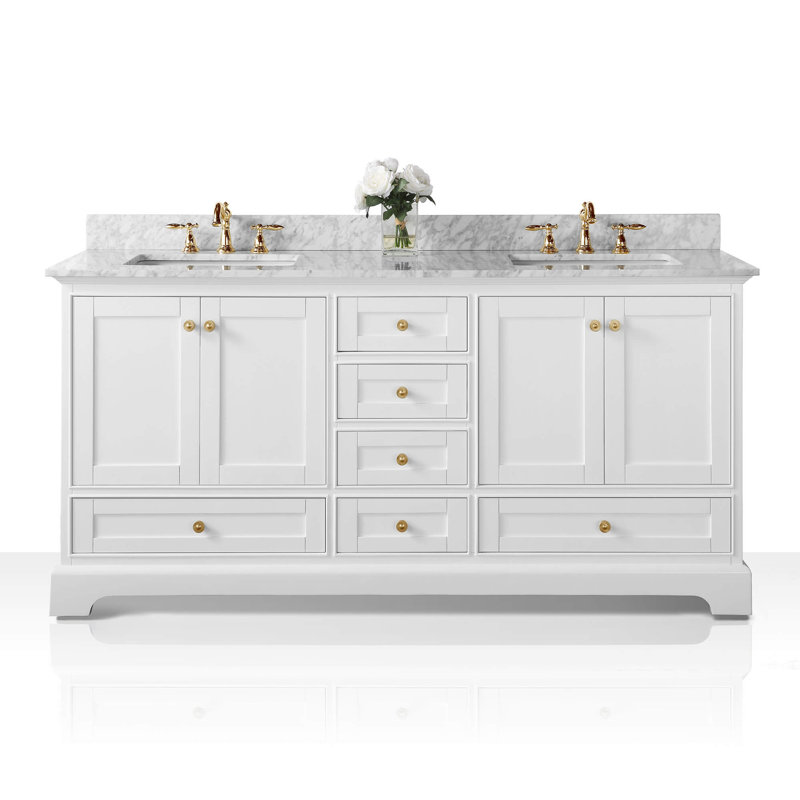 Ensemble de meuble-lavabo double 72 po Audrey, Carrare blanc, Blanc, Or