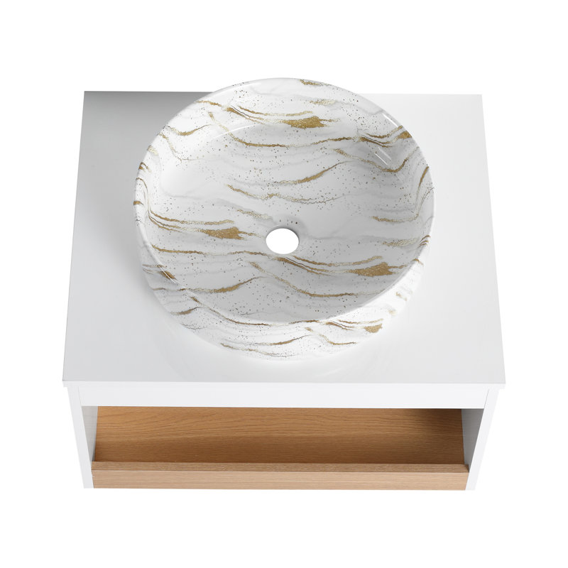 Meuble-lavabo flottant de 24 po avec lavabo vasque en marbre veiné doré, meuble-lavabo mural avec tablette ouverte, finition blanche avec décor en bois, conception moderne peu encombrante (livré en 2 boîtes)