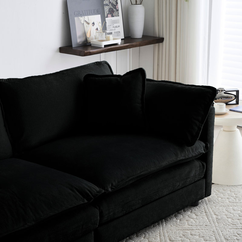 2 canapé de salon - revêtement en chenille noire avec 4 coussins, structure en bois massif, tissu respirant, assise confortable recouverte d'un support, tissu, assise