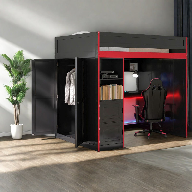 Lit mezzanine pour jouer peu encombrant, bois et panneau de fibres à densité moyenne, noir moderne pour la maison