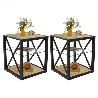 Set Of 2 Modern End Table Nightstand For Bedroom & Living Room, Tempered Glass & Natural Wood MDF Top , Industrial Style Side Table, Table