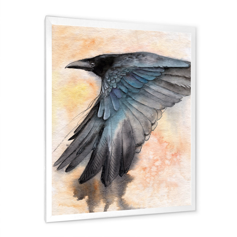 Corbeau noir déployant ses ailes - peinture sur toile, H 40 po x l 30 po, Cadre photo blanc