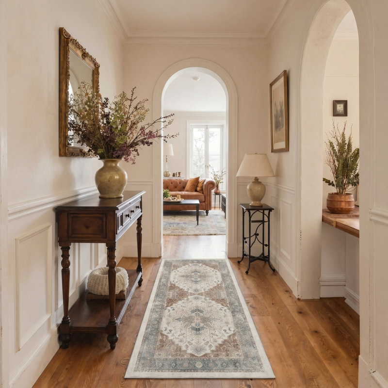 Medallion Traditional Floral Machine Washable Orange / Blue / Beige Indoor Area Rug with Non-Slip Backing, Runner 2' x 7'
