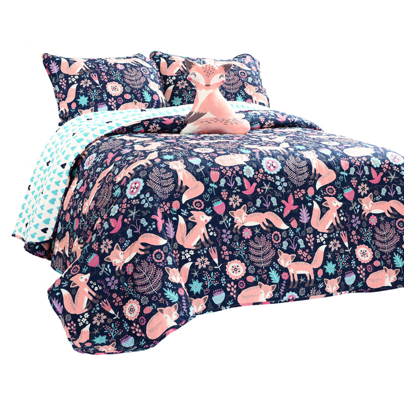 Microfiber Reversible Traditional 4 Piece Quilt Set, Twin Quilt + 1 Sham + 1 Throw Pillow, Navy/Pink
